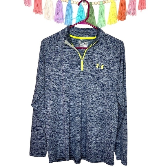 Under Armour Cold Gear Gray Navy Lime Chartreuse Long Sleeve Athletic Top Medium - Picture 1 of 13